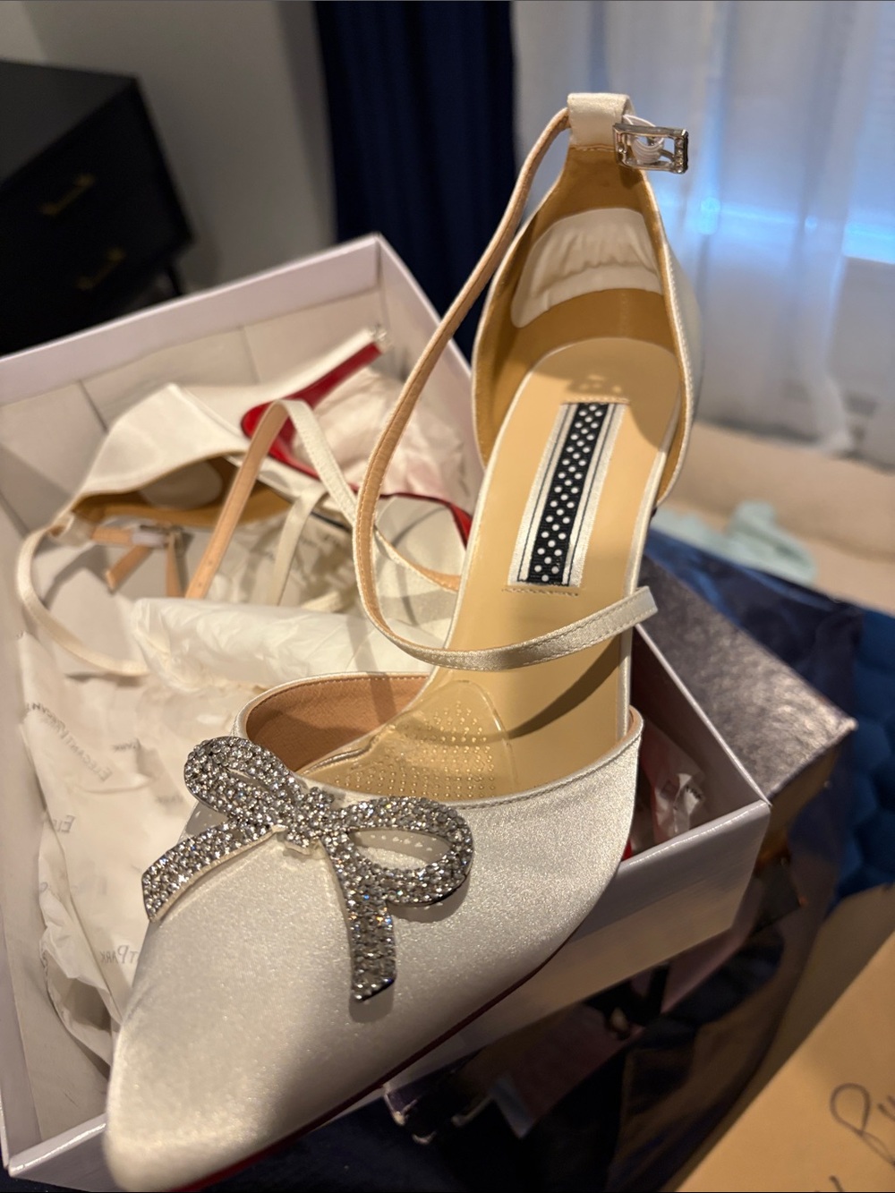 Satin Ivory  Strap Heels with Crystal Accent